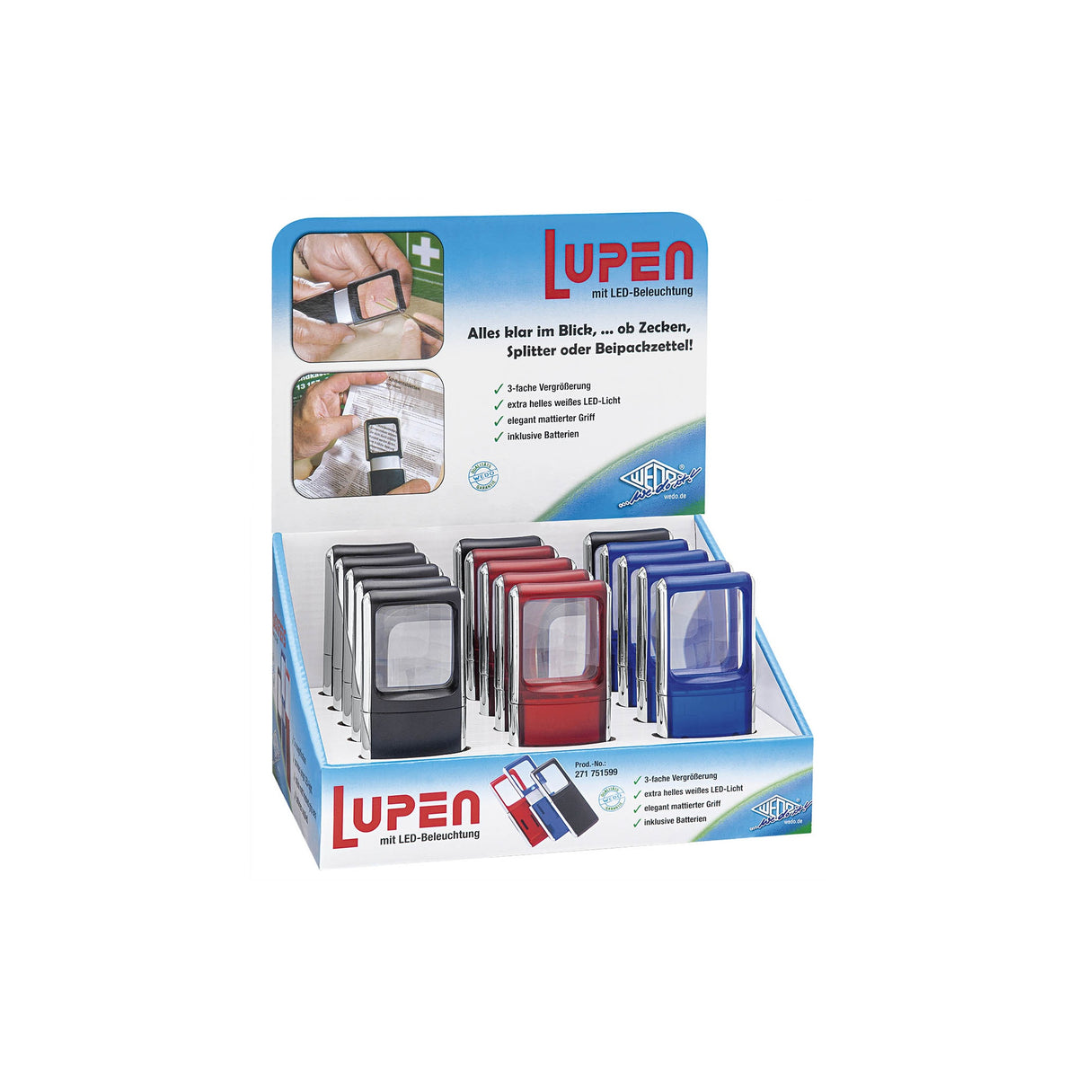 WEDO® Rechtecklupe mit LED-Beleuchtung im 15er Display